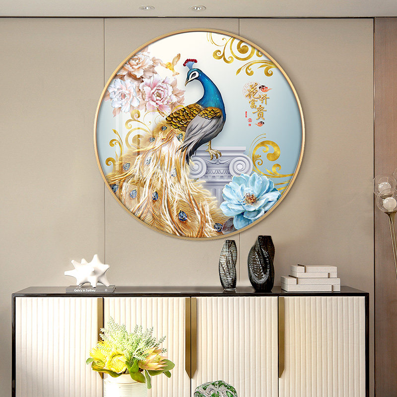 Entrance wall porch decorative painting round hanging painting living room above the table hanging painting bedroom crystal porcelain painting peacock