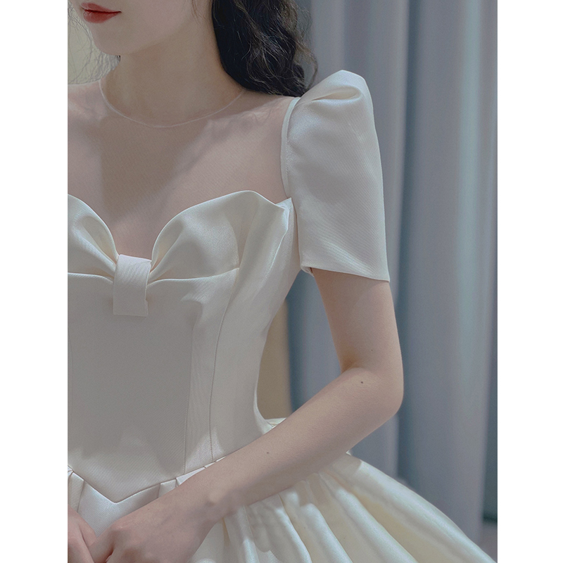 Satin main wedding dress 2021 new bridal trailing 2022 French light out gauze small girl retro one word shoulder