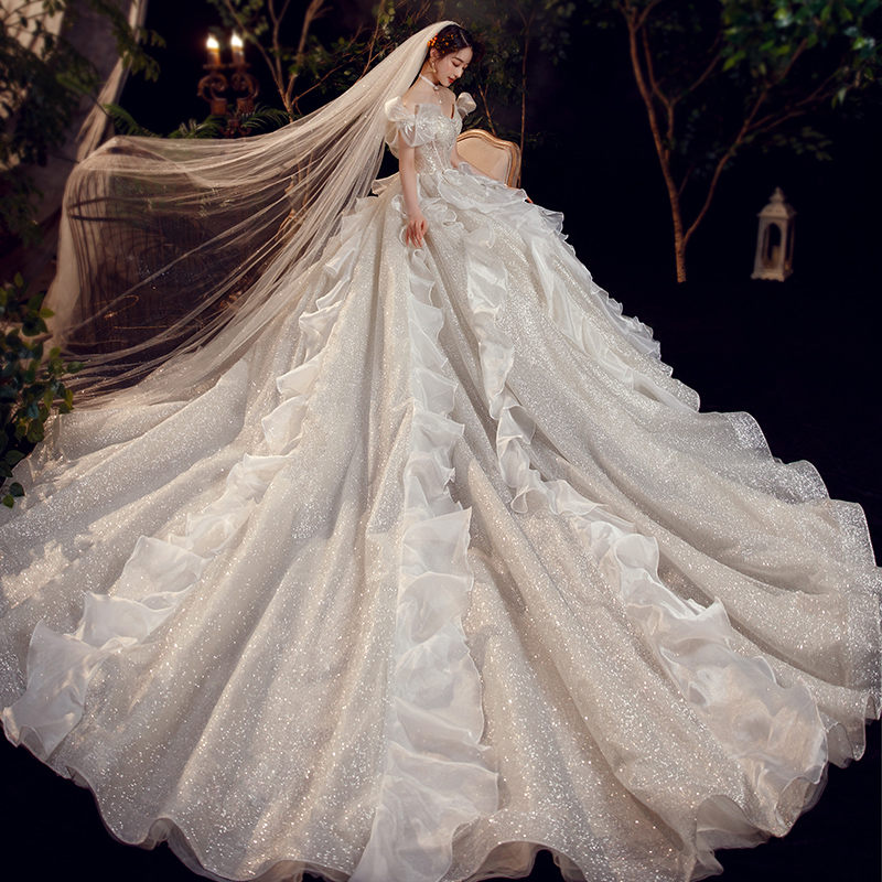 Starry Sky Lord Wedding Dress 2022 New Style Temperament Bride Word Shoulder V Neck Small Man Light Tail 2021 French