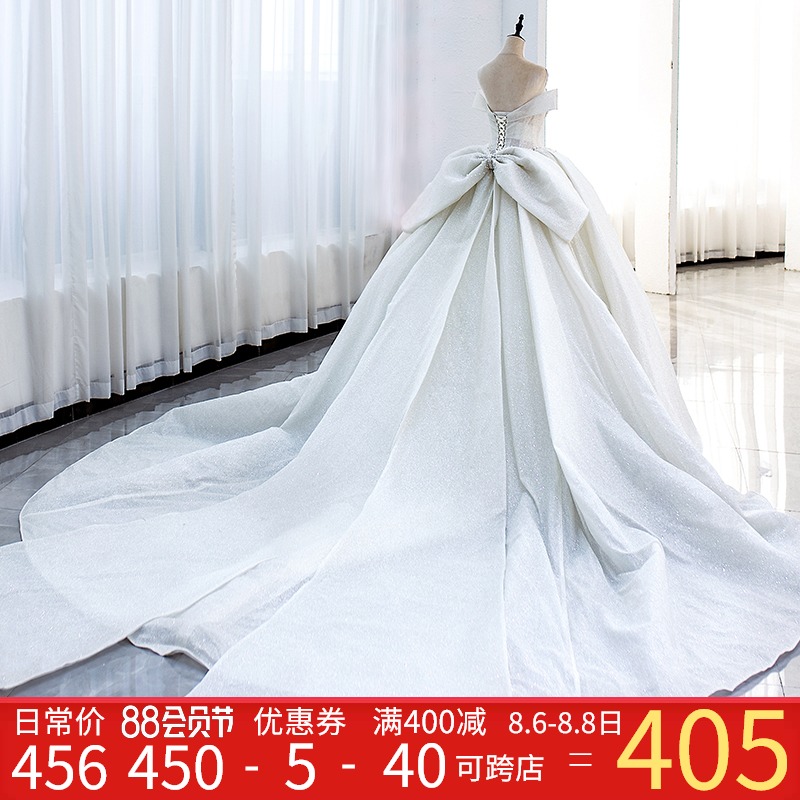 One-shouldered main wedding dress bride 202021 new temperament big tail summer French light starry sky female v-neck