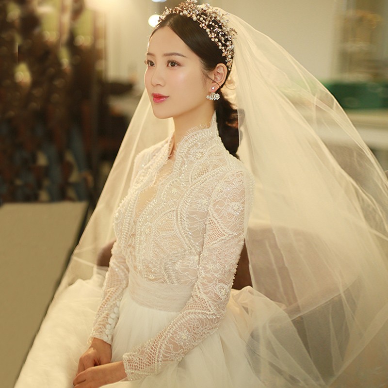 Long sleeve main wedding dress bridal 2022 new trailing small children out of the door yarn light French style retro v collar women's autumn winter-Taobao