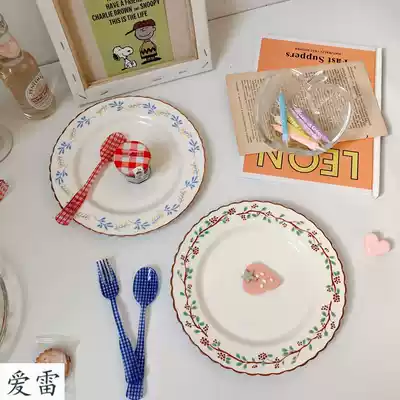 ins Korean wave edge flower red raspberry ceramic dessert plate Western steak plate Cake plate Household dinner plate