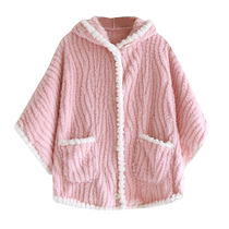 连帽珊瑚绒披肩女家居保暖V领外套上衣办公室盖毯法兰绒午休毯子