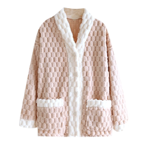 日系睡衣上装女珊瑚绒加厚保暖休闲时尚拼色法兰绒家居服上衣外套