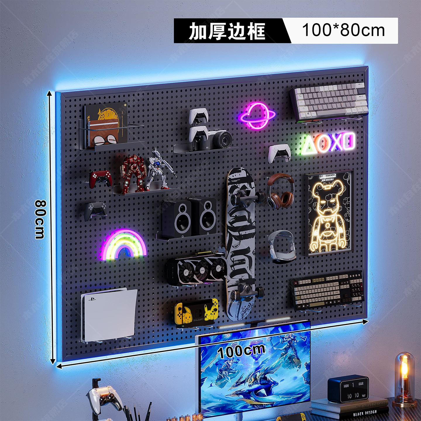 Computer Desk, Carbon-Fiber Pattern Gaming Table, perforated board options, multiple sizes 80–160 cm