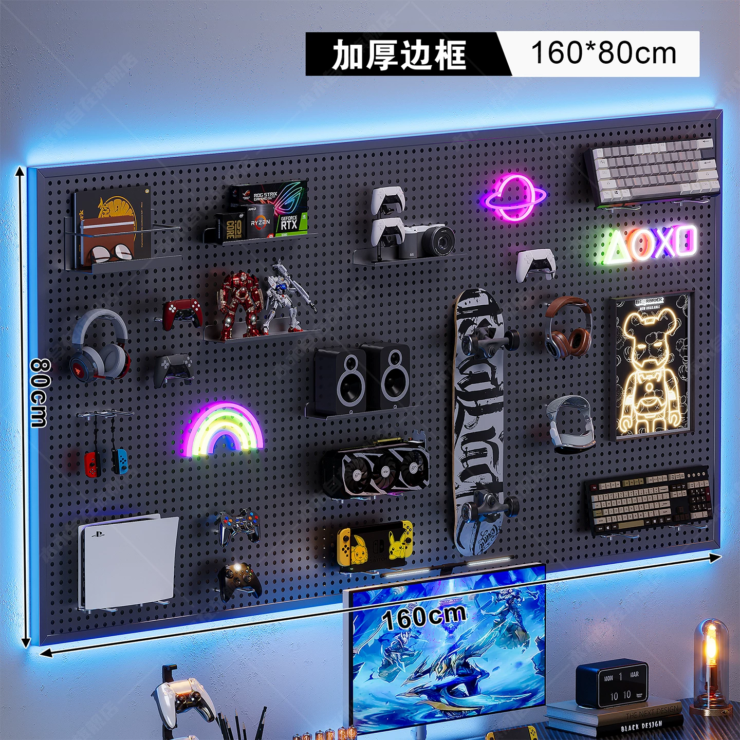 Computer Desk, Carbon-Fiber Pattern Gaming Table, perforated board options, multiple sizes 80–160 cm