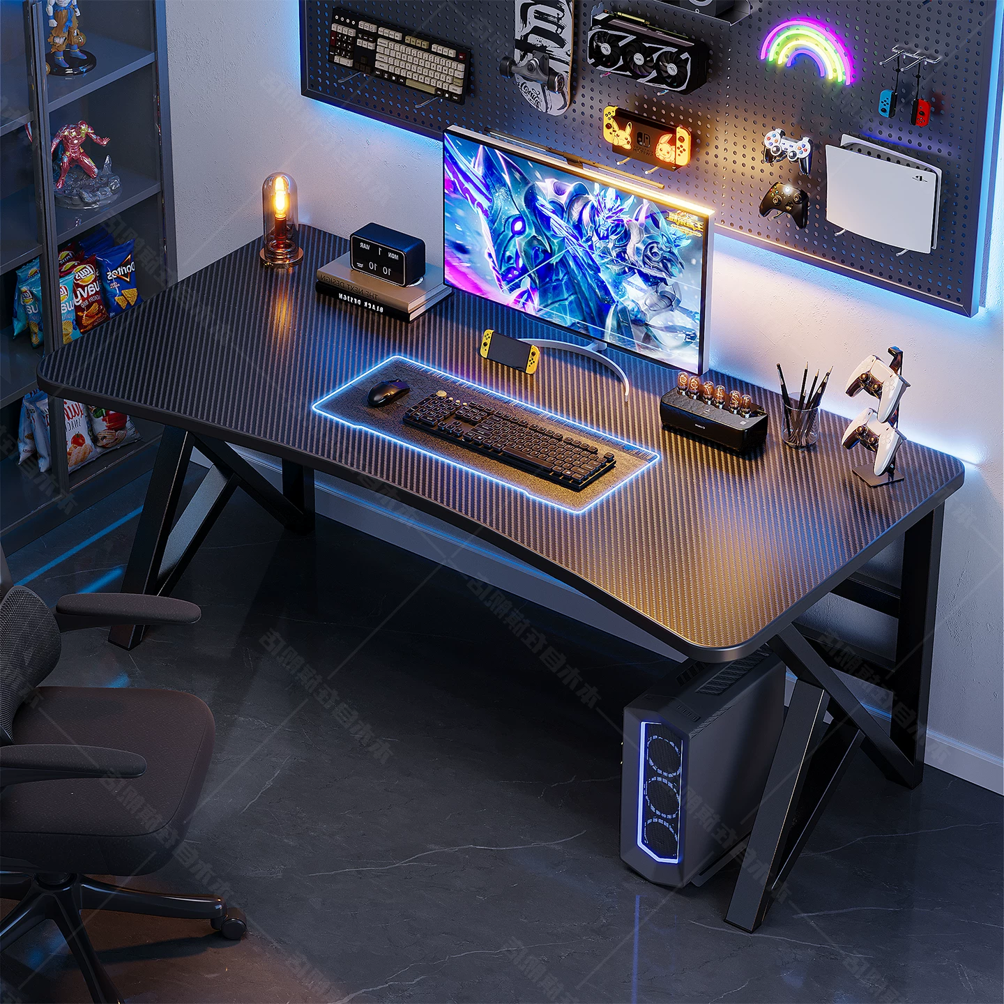 Computer Desk, Carbon-Fiber Pattern Gaming Table, perforated board options, multiple sizes 80–160 cm