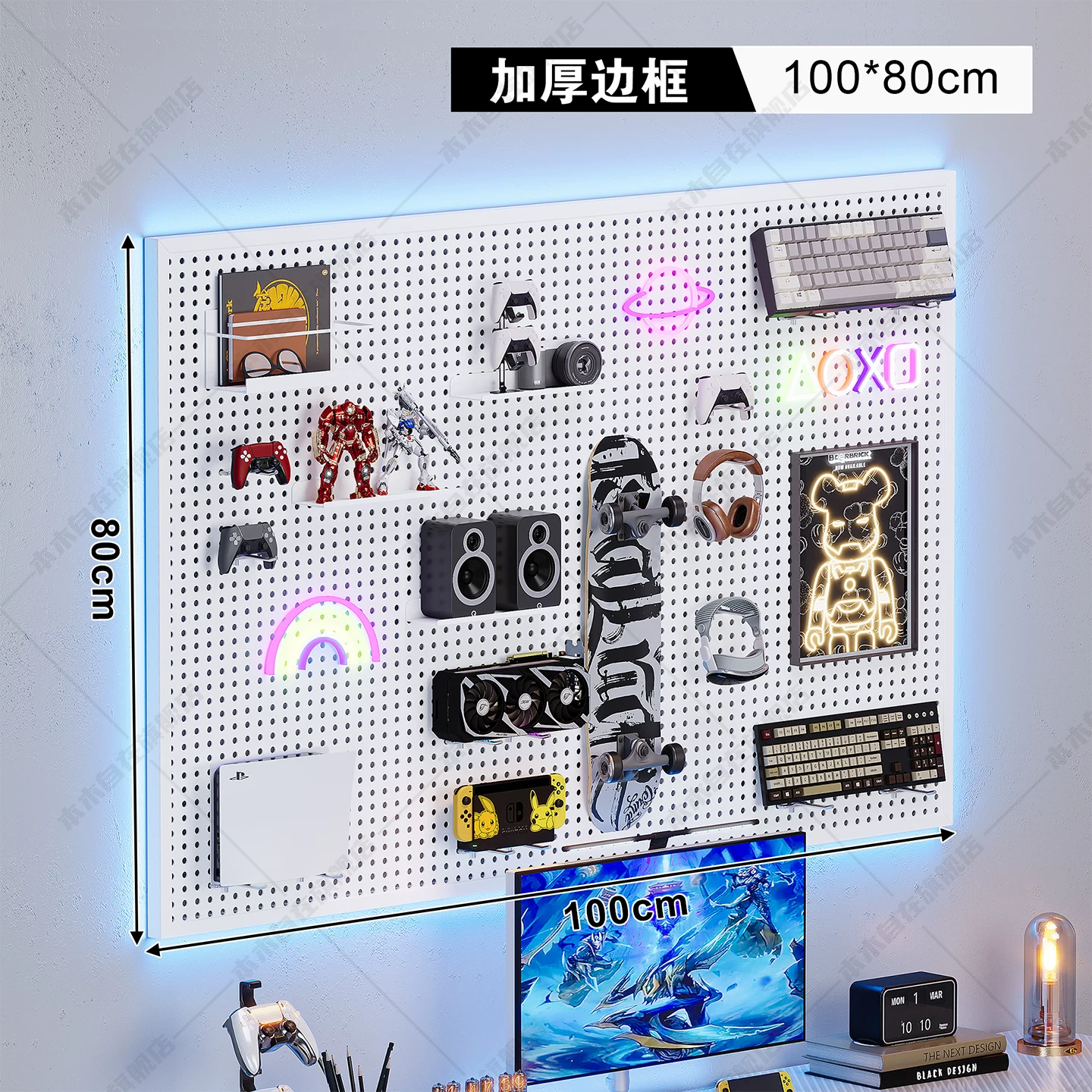 Computer Desk, Carbon-Fiber Pattern Gaming Table, perforated board options, multiple sizes 80–160 cm