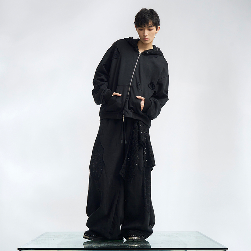 Relabel (Dark Night Fade Weave) Detachable Double-Hood High-Pressure Rhinestone-Embellished Water-Dyed Multi-Form Double-Zipper Sweatshirt