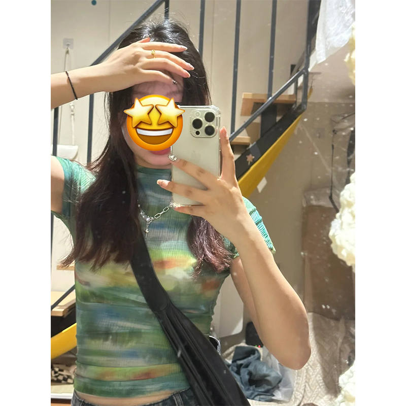 Qingwu Liuhua Abstract Tie-Dye Printed Short T-Shirt for Women, Summer Slightly Sheer Mesh Inner Layer, Slim-Fit Short-Sleeve Top