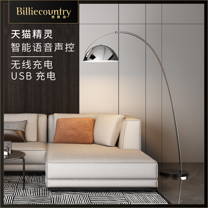 Nordic Fishing Lamp Floor Lamp Next to the Sofa in the Living Room, Light Luxury Design, Model Room, Silver High-End Standing Table Lamp