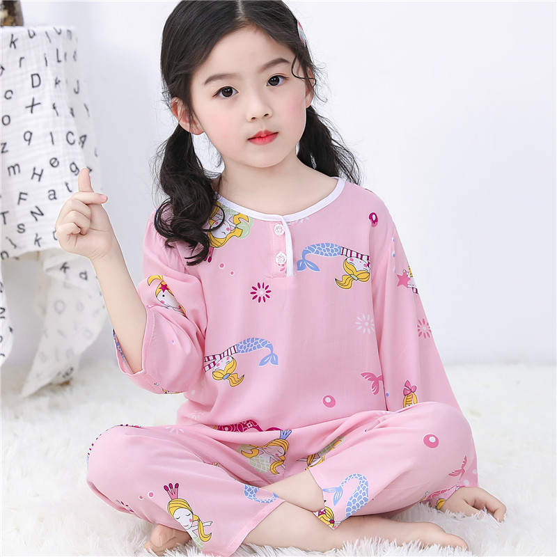 Summer cotton silk children's children's pajama set thin girls cotton cotton pure cotton spring and autumn parent-child clothing home clothes baby