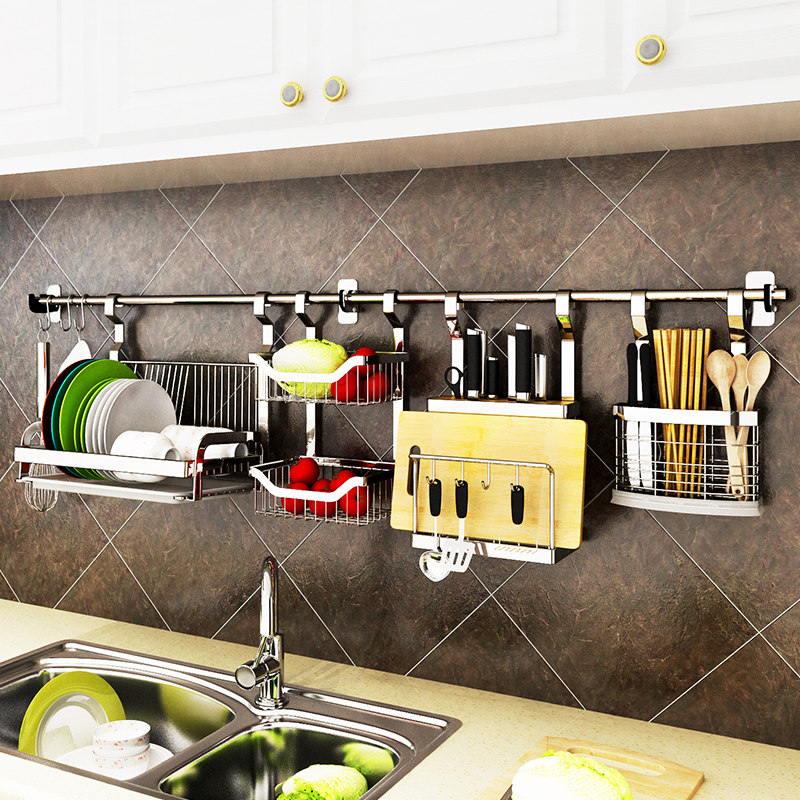 Kitchen shelf wall hanging type free punch black drainage dishes rack household knife rack condiment hanger storage rack