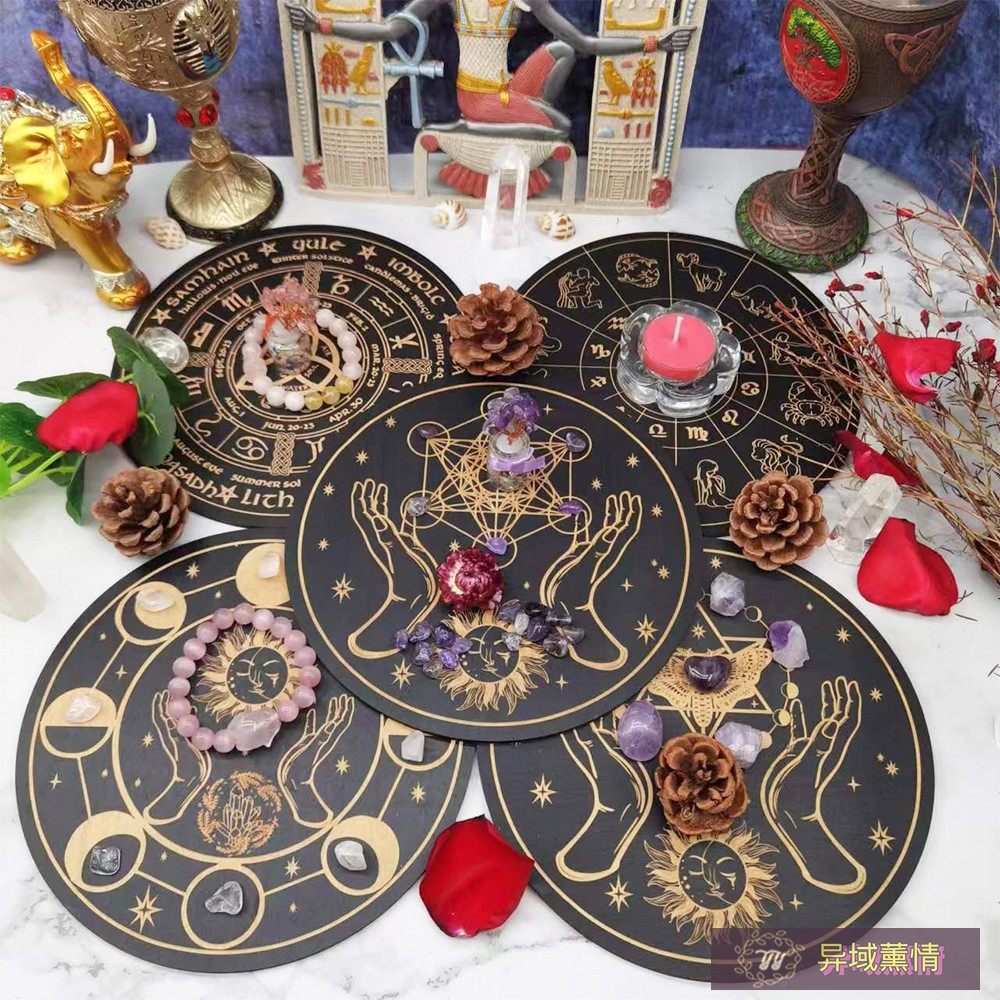 木制雕刻水晶板星座水晶盘杯垫网格盘麦达旭五芒星月相圆盘摆件评价- 淘宝网