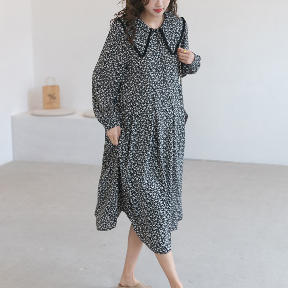 Spring and Autumn New Maternity Skirts Loose and Large Size Covering the Belly and Showing Thin Long Sleeves Dresses Going Out Can Breastfeed Long Version Floral Skirts