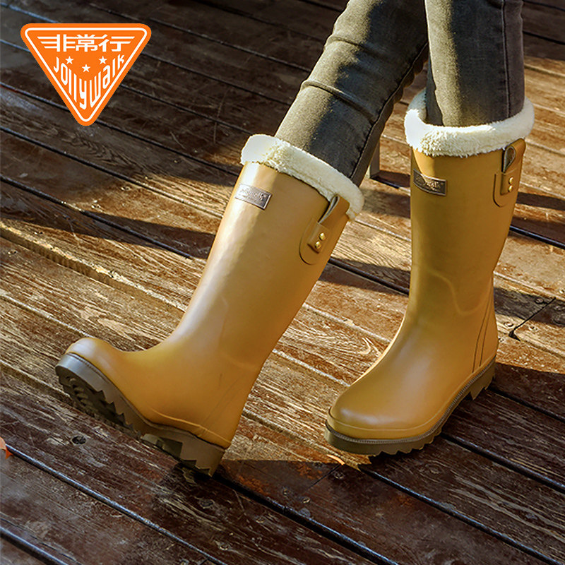 Rain boots women winter thick plus velvet warm outer wear rubber shoes fashion water shoes waterproof non-slip mid-high tube cotton rain boots