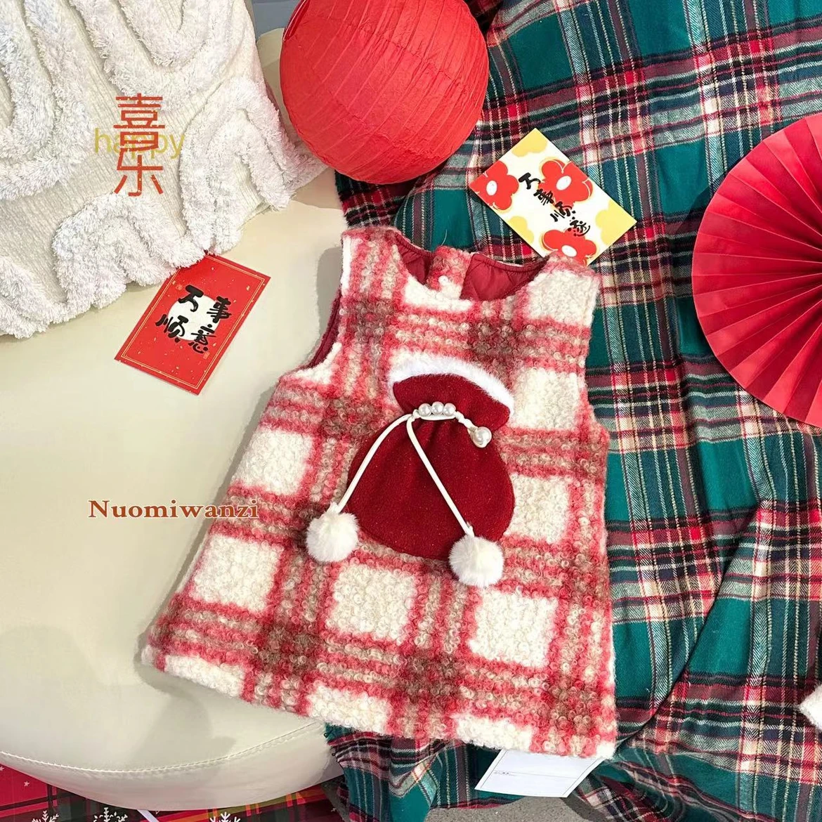 Girl's Christmas New Year dress 2023 Winter baby gush thickened wool Vest Skirt Children Plaid Dress-Taobao