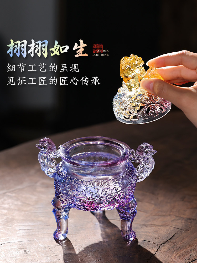 Large Classical Chinese Incense Burner with Lion Design, Made of Crystal and Glazed Ceramic, for Home Use, Indoor, Creative Ornament, Tea Ceremony