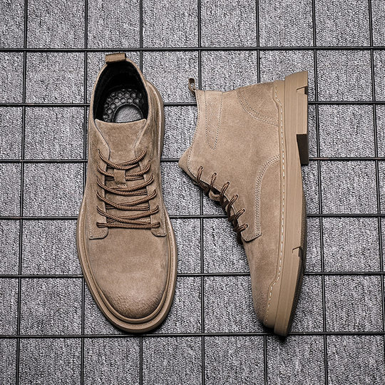 Brown Martin boots men's high-top British style genuine leather trendy winter velvet boots work shoes men's shoes desert short boots