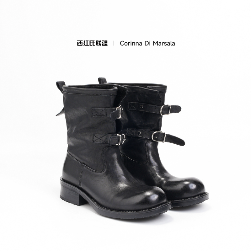 Xihong Alliance Washed Horsehide Mid-Calf Boots 2026 Autumn Double Buckle Chunky Heel Retro Distressed Slimming Biker Boots