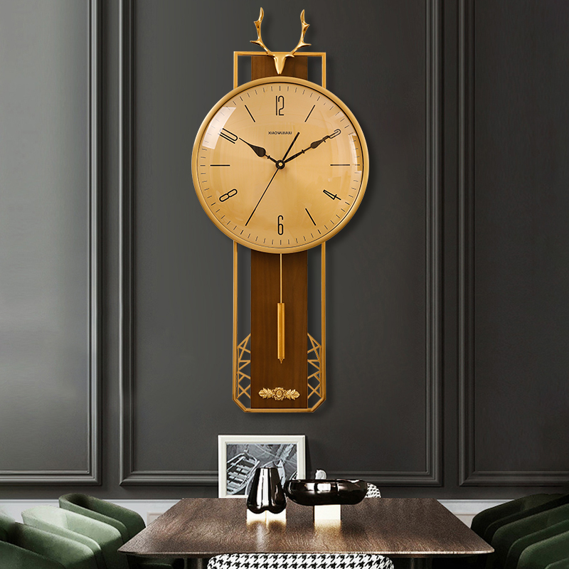 New Chinese style mute solid wood clock modern household wall watch deer head swing clock wall wall clock living room Chinese style