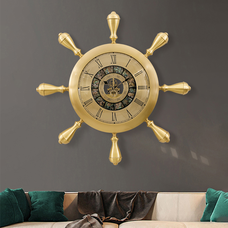 Art ship rudder upscale timepiece Eurostyle light lavish decoration hanging clock Living room Home clock hanging wall Creative brass hanging table-Taobao