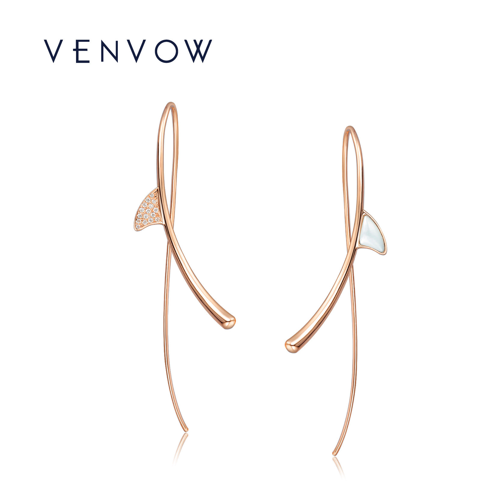 VENVOW18K Rose Gold Dolphin Ear Pendant Women Gold Inlaid Diamond White Sichuan Fritillary Earrings Earrings Minimalist Temperament
