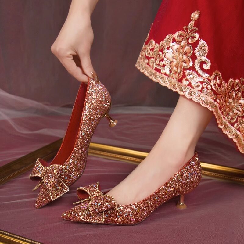 Red french wedding shoes bridal shoes 2025 new arrival: high heels 3cm low  heels flats, wedding