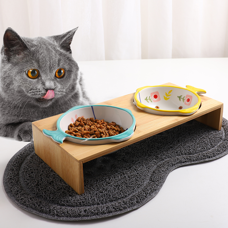 Cat Bowl ceramic diagonal to protect cervical cat Cat Food Basin Dog Rice Bowl Cat Food Pet two water bowls double bowl anti-roll