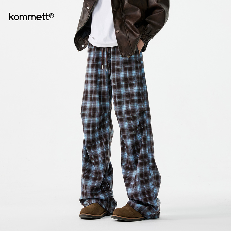 Kommett American Retro Plaid Paratrooper Pants for Men, Spring Trendy Casual Wide-Leg Sweatpants, Versatile Straight-Leg Trousers