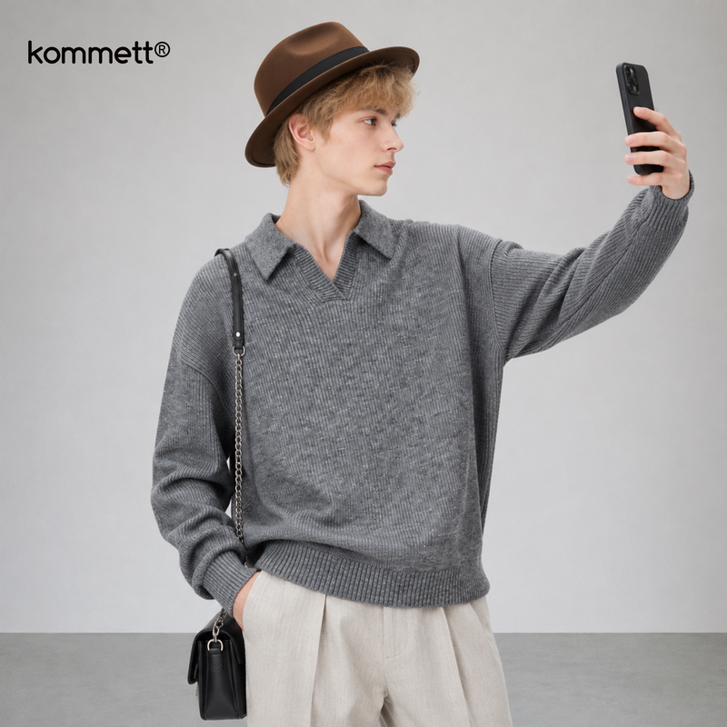Kommett Loose V-Neck Knitwear Unisex Spring and Autumn Trendy Brand Gray Sweater Casual Breathable and Warm
