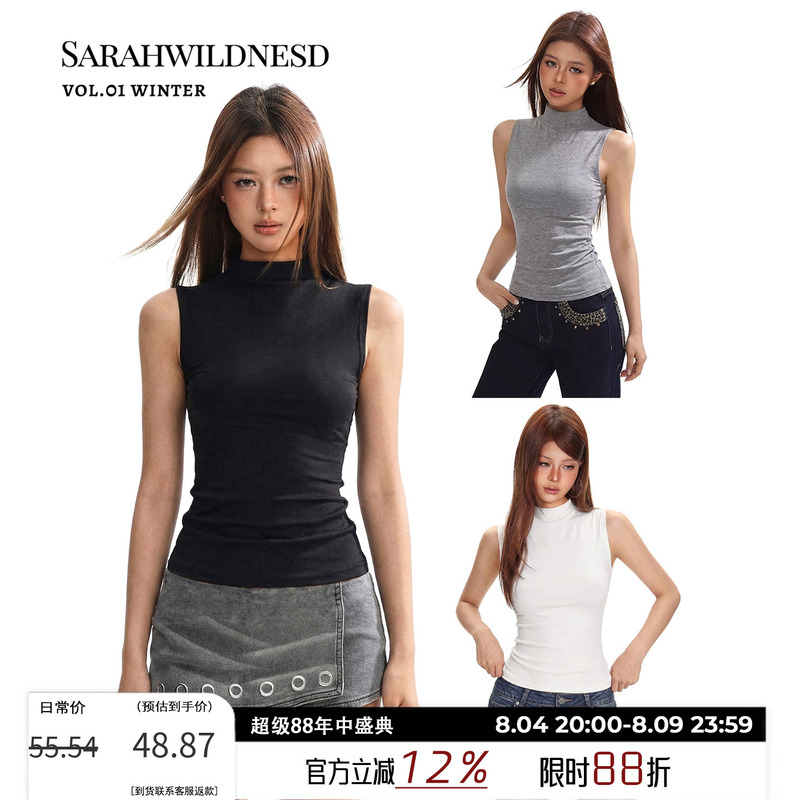 Sarahwildnesd Half-High Collar Sleeveless Vest for Women, Summer Hot Girl Pure Desire Slim Fit American Retro T-Shirt Top