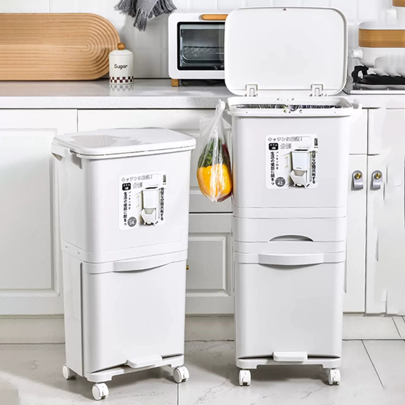 Kitchen Sorting Trash Can for Home Use with Lid, Large Double-Layer Dry and Wet Separation Food Waste Bin with Wheels, Modern and Simple Kitchen Sorting Trash Can for Home Use with Lid, Large Double-Layer Dry and Wet Separation Food Waste Bin with Wheels, Modern and Simple