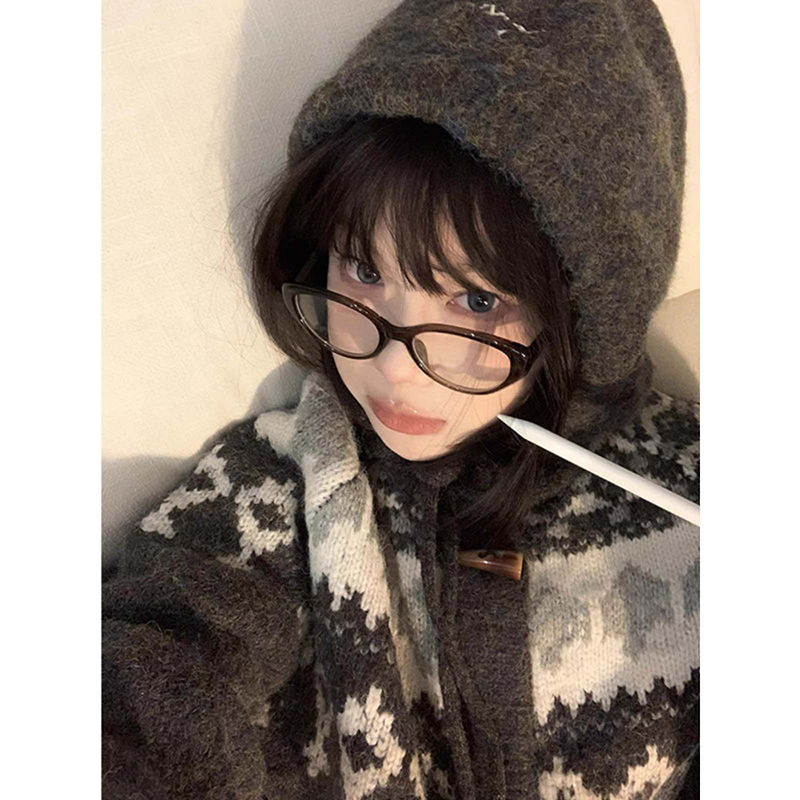 Nordic Fair Isle Hooded Sweater Knitwear for Women, Autumn and Winter Retro Color-Blocking Jacquard Lazy Style Couple's Cardigan Jacket