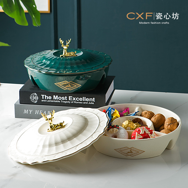 Ceramic with lid Lattice Dry Fruit Pan Snack Pan Candy Tray Light Lavish Fruit Tray European-style Extravaganza Upfront Living-room Pendulum