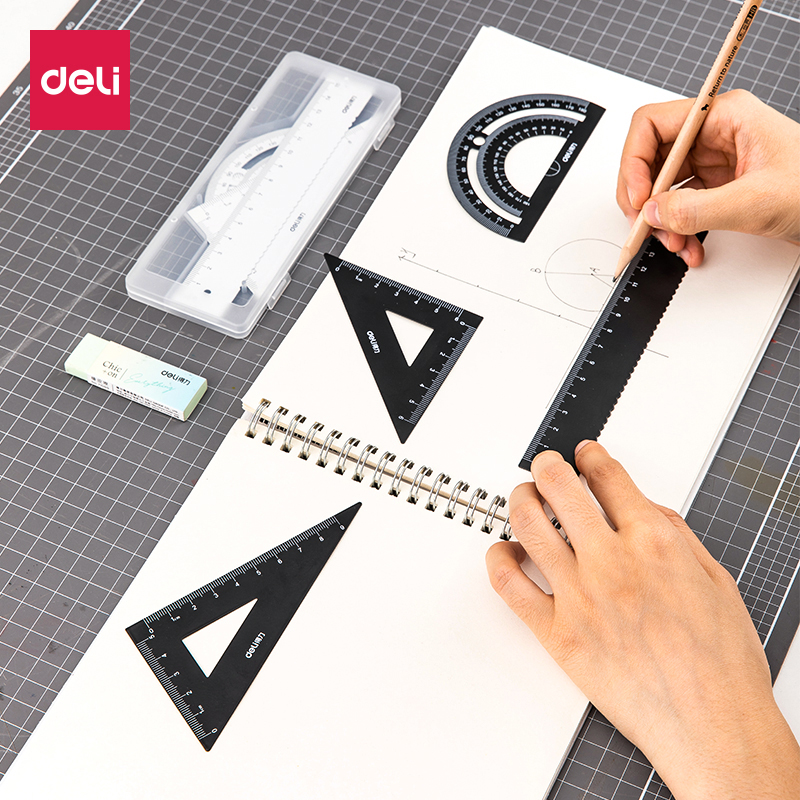 Powerful metal set ruler 79510 primary and secondary school students with exam drawing with ruler triangle ruler protractor ruler drawing four-piece PP boxed portable simple multi-function painting 4-piece stationery