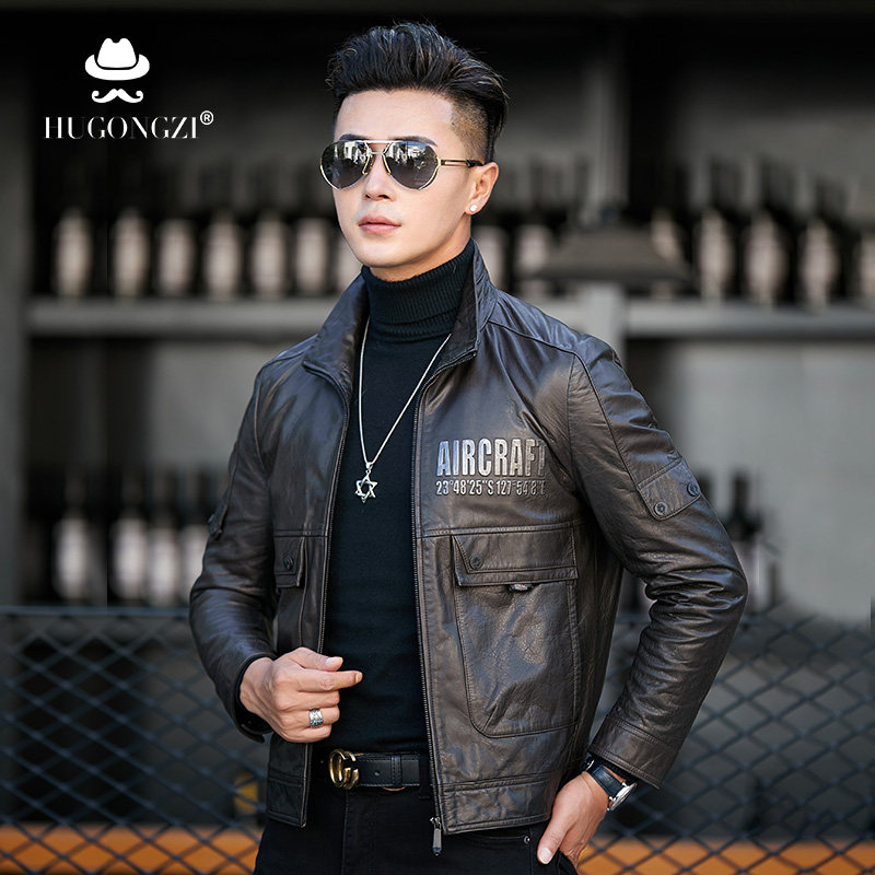 New winter leather down jacket Haining leather jacket men's sheepskin slim-fit stand-up collar men's jacket motorcycle jacket