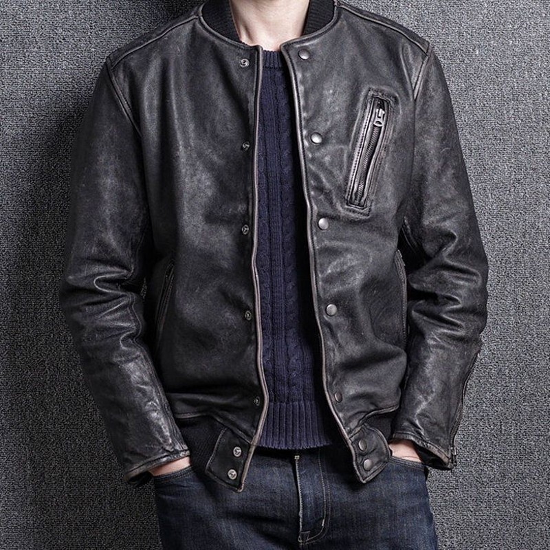 Autumn New Men's Vintage Leather Jacket High-End Trendy Cool Slim Fit Handsome Baseball Collar Leather Coat