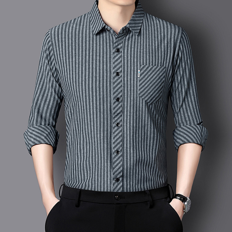 Guangdong Puning Shirt Spring and Autumn Men's Long-Sleeve Shirt with Pockets Business Casual Middle-Aged Non-Iron Striped Shirt for Men