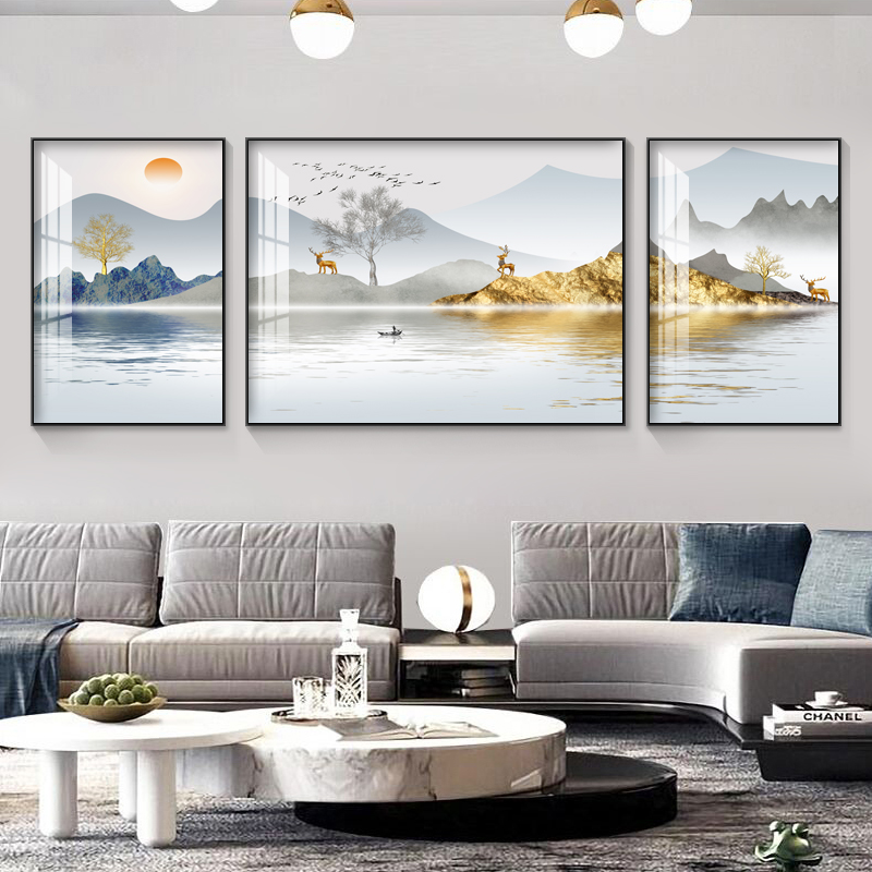 Living room decoration painting new Chinese sofa background wall painting Jinshan scenery triple mural modern light luxury crystal porcelain painting
