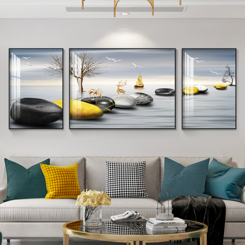 Living room decorated with sofa background wall inlaid with crystal porcelain luxury three-painting hanging painting