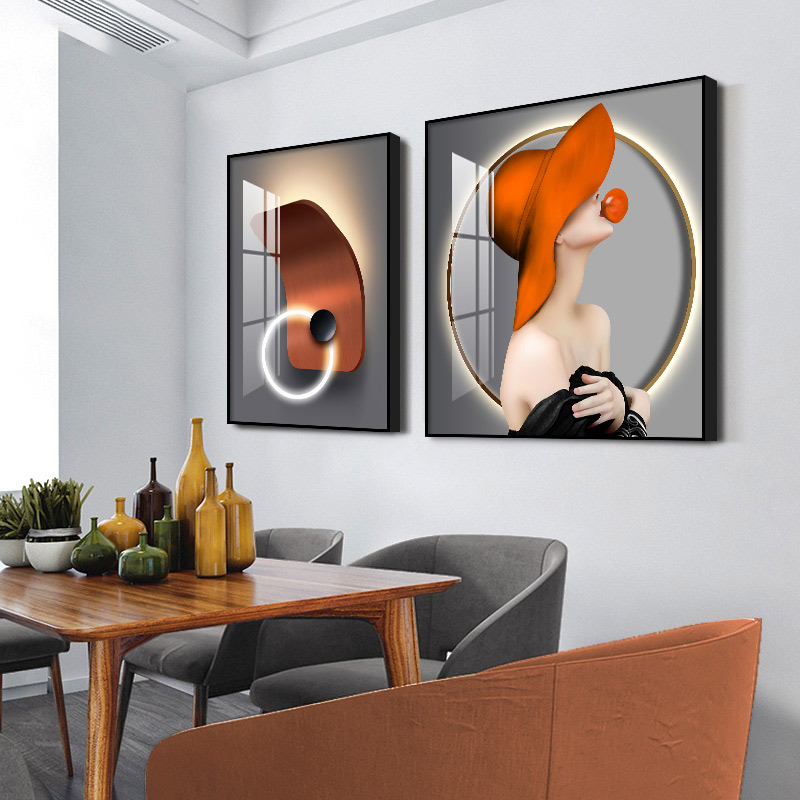 Modern minimalist dining room decorative painting single pair of hanging paintings light luxury style couplet painting milk tea shop orange dining room mural