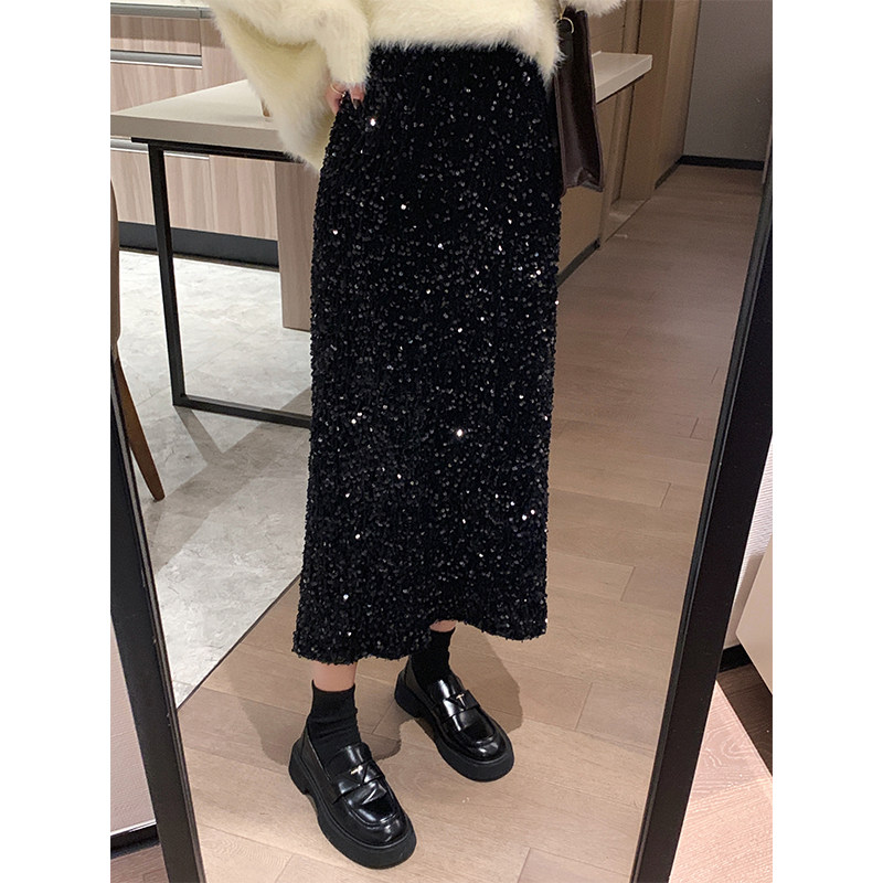 Velvet bright sheet half body dress lady autumn winter style 2023 new black half dress with long dress big code fat mm winter skirt-Taobao