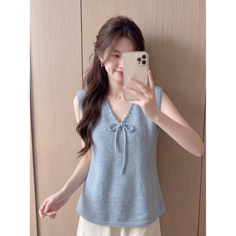 Early Autumn Korean-Style Braided Edge Knit Sleeveless Vest for Women, Autumn Slim-Fit Tie-Up Knit Vest for Layering or Outerwear