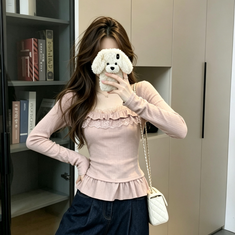 Pink Girly Korean Style Lace Spliced Long-Sleeved T-Shirt for Women in Autumn, Sweet Ruffled Slim Fit Top