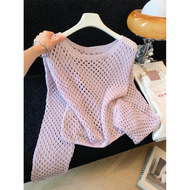 Commuter Hollow-Out Round Neck Long-Sleeve Knit Top for Women, Autumn Casual Soft Relaxed Style Sheer Hole-Punch Blouse