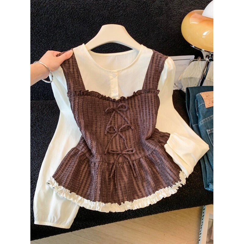 Sweet and Elegant Bow-Tie Ruffled Lace-Up Vest for Women, Autumn Lace Patchwork Long-Sleeve Faux Two-Piece Top Sweet and Elegant Bow-Tie Ruffled Lace-Up Vest for Women, Autumn Lace Patchwork Long-Sleeve Faux Two-Piece Top