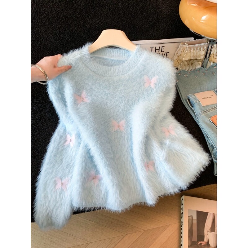 Sweet and Youthful 3D Butterfly Faux Mink Velvet Versatile Top for Women, Autumn and Winter Commuting Loose Fit Sweater That Hides the Figure Sweet and Youthful 3D Butterfly Faux Mink Velvet Versatile Top for Women, Autumn and Winter Commuting Loose Fit Sweater That Hides the Figure