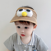 Childrens empty top straw hat cute super cute big eyes sun hat baby straw cap boys and girls sun hat tide