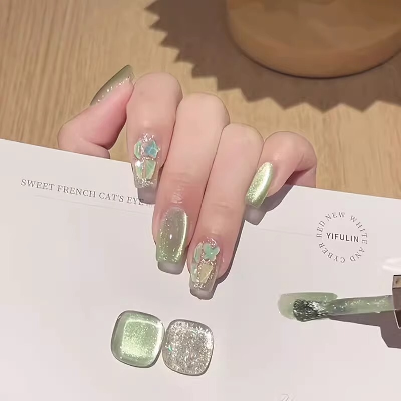 Gc [Grape Green Ti] Handmade Wearable Nails New Summer Moisturizing Clear Fake Nails Removable Phototherapy Finished Products